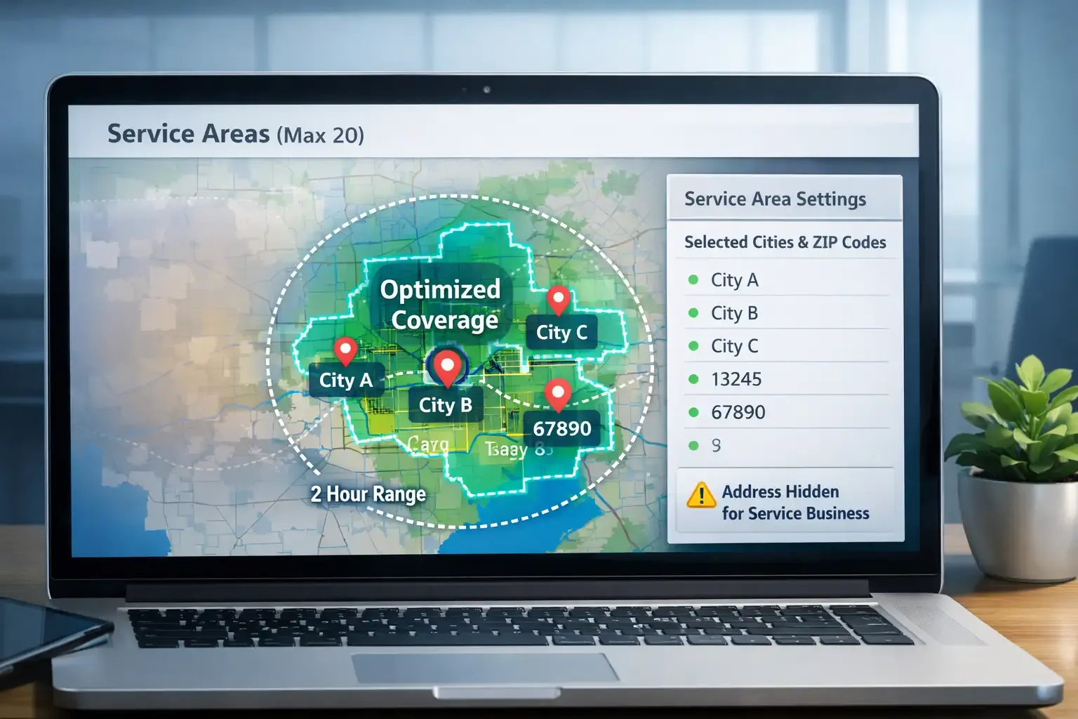 Laptop showing Google Business Profile service areas with map zones